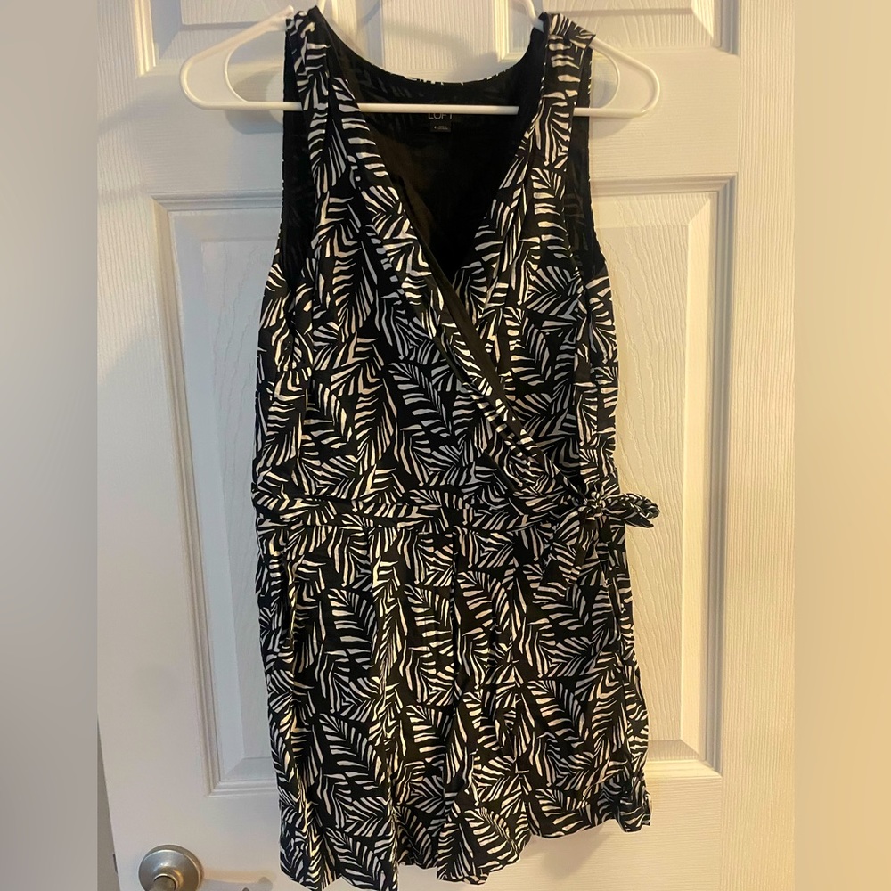 LOFT Black and White Leaf-Print Wrap Romper